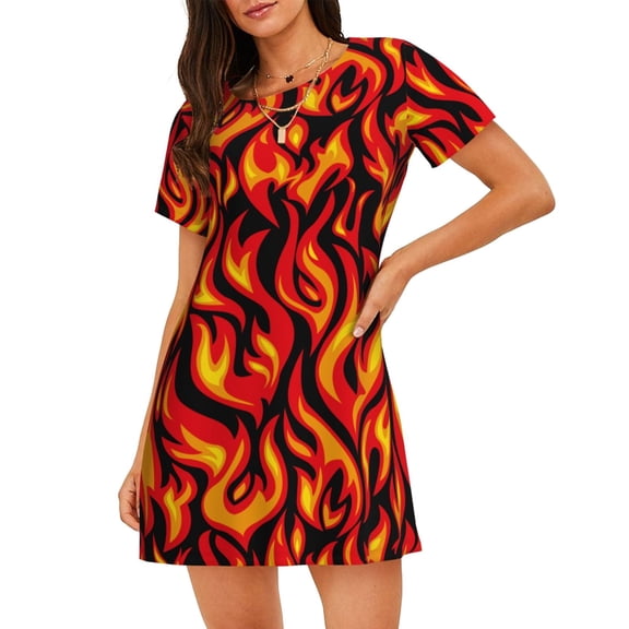 Vdmgr by Women's Fire Pattern Short Sleeve Sleep Dresses, Black
