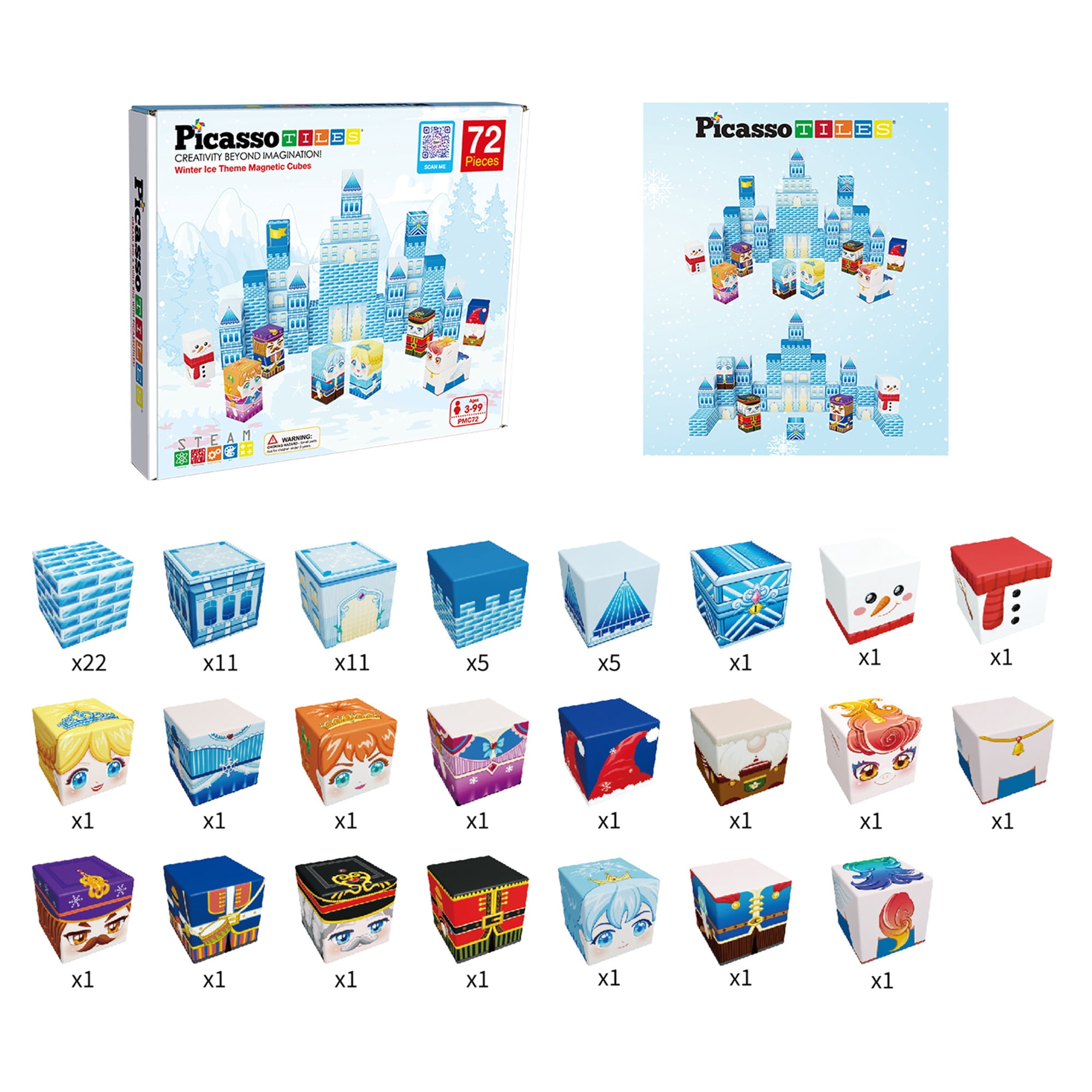 PicassoTiles 72PCS Magnet Cube Winter Ice Castle Building Block