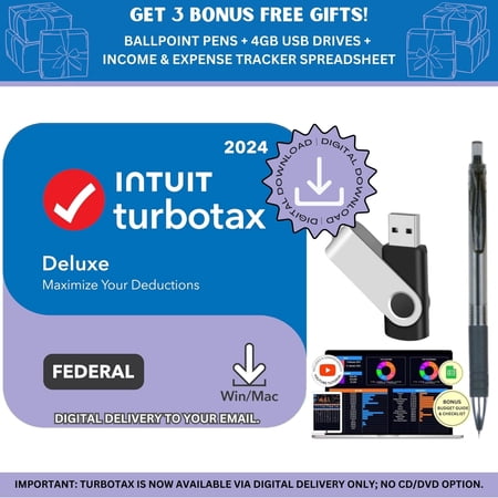 [New Version] TurboTax Deluxe 2024 Tax Software - Federal Return & Federal E-File [PC/MAC Download] - BONUS FREE 4GB USB 2.0 Flash Drives + Income and Expense Tracker Spreadsheet