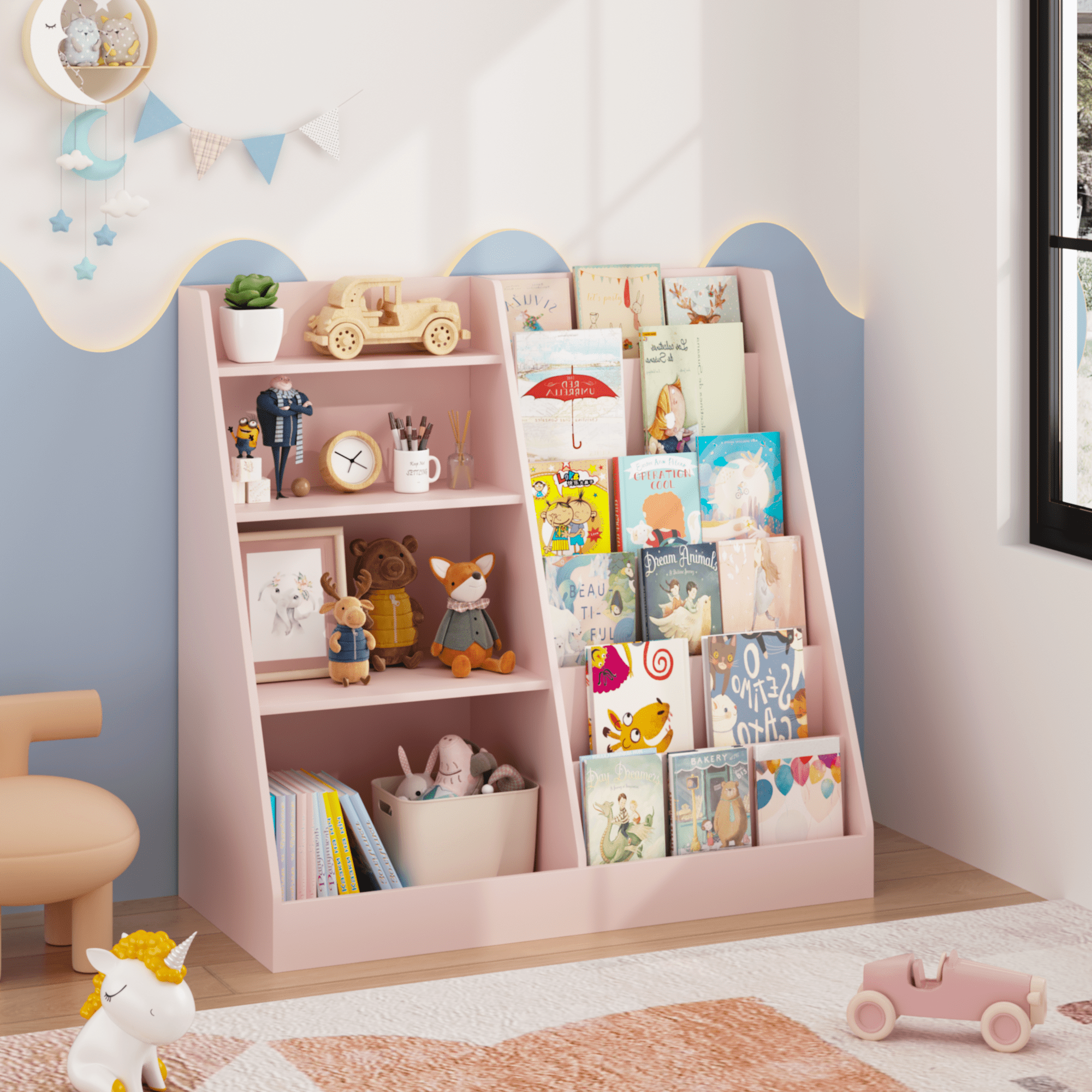 New Kids Bookshelf and Toy Storage Organizer, Multifunctional 4 Tier Wooden Kids Book Shelf with Bookcase Display Stand in Kids Room Playroom Nursery for Kids, Children, Toddlers (Pink)
