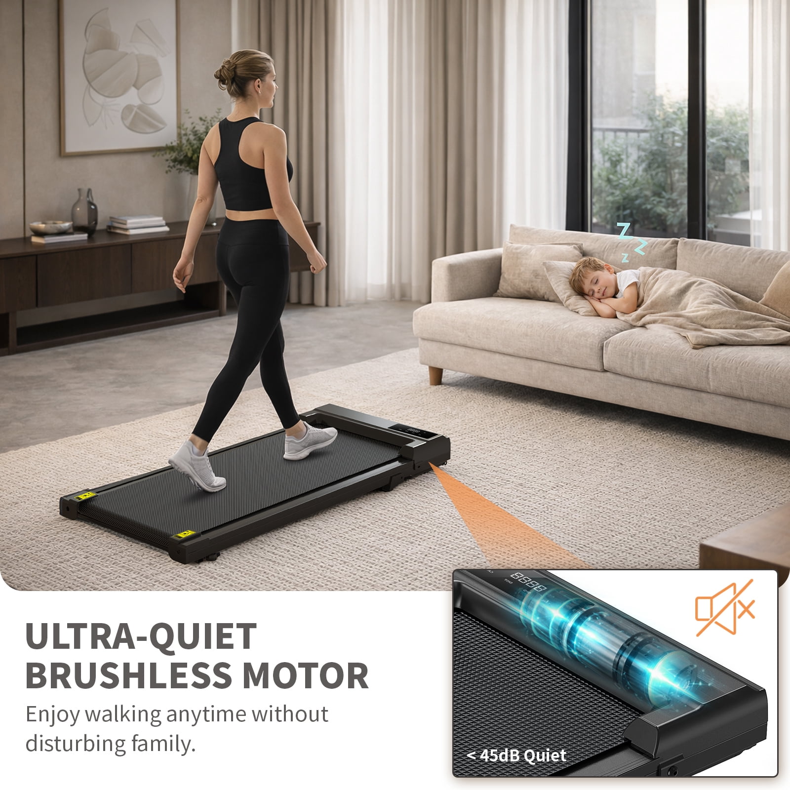 Alvantor 2.5HP Walking Pad Treadmill, Manual Incline Under Desk Treadmill with Shock Absorption for Small Apartments, Black