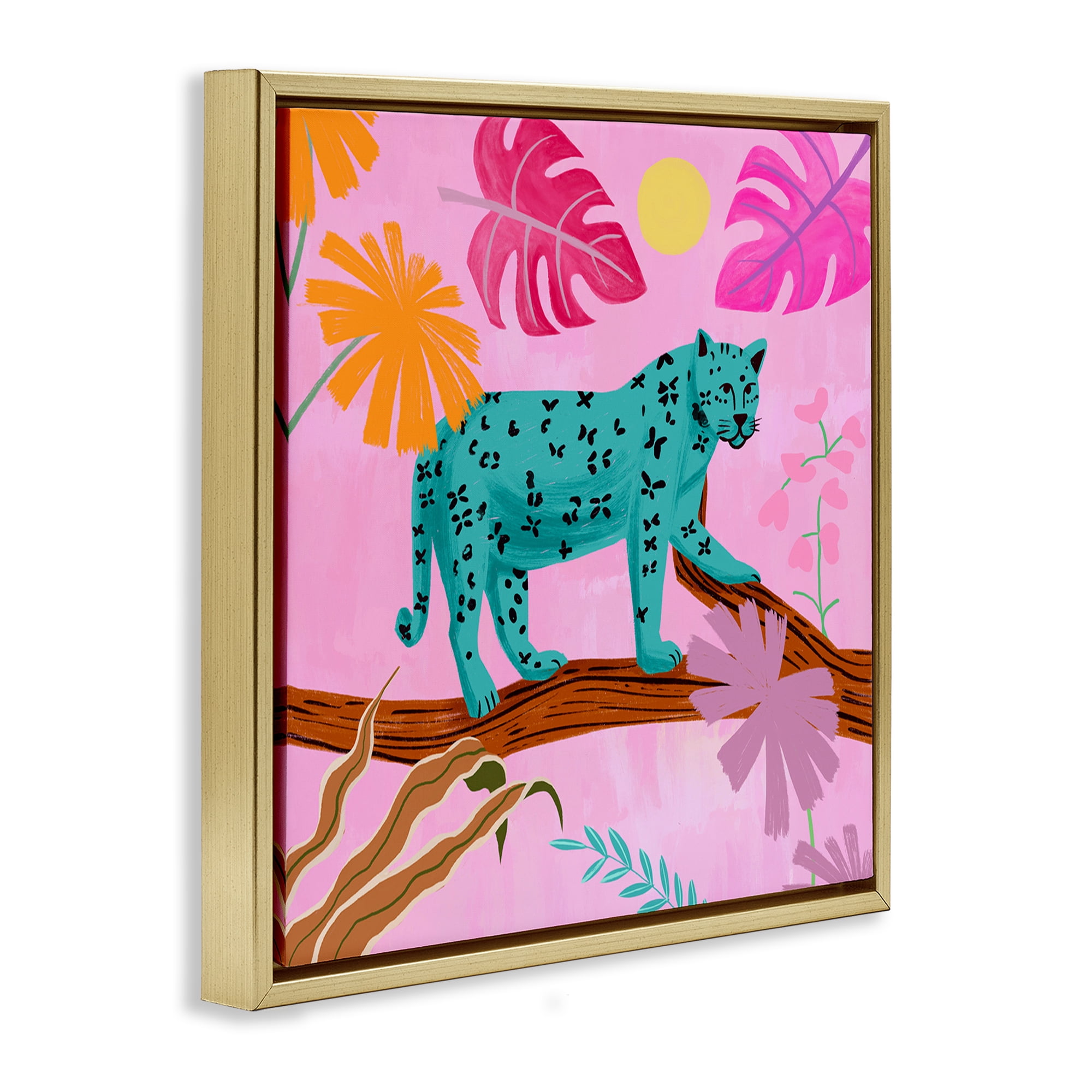 Stupell Industries Patterned Leopard on Branch Animals & Insects Painting Gold Floater Framed Canvas Art Print Wall Art, 18 x 18