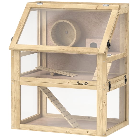PawHut 3-Tier Wooden Hamster Cage with Deep Base, Wheel, Hut, Seesaw & Ramps, Small Animal Habitat for Dwarf Hamsters & Gerbils