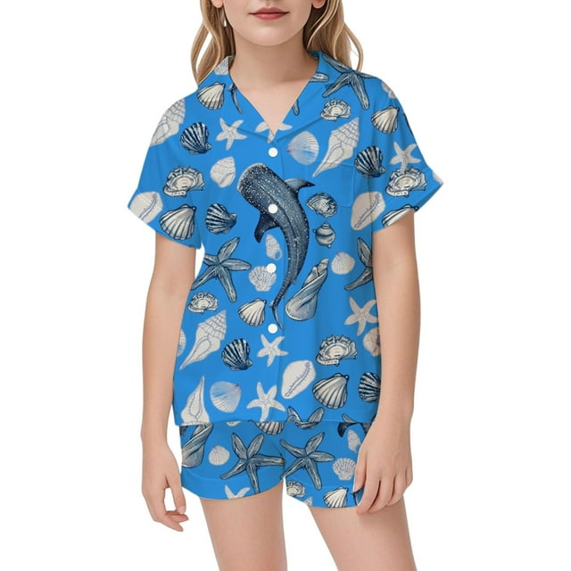 Ensemble de Pyjama en Satin pour Filles Imprimé Thème Océan Vêtements de Nuit Confortables pour Enfants Tenue Décontractée Douce pour Filles Vêtements de Nuit Thème Océan pour Enfants 2-13 Ensemble de Nuit en Satin Rêveur