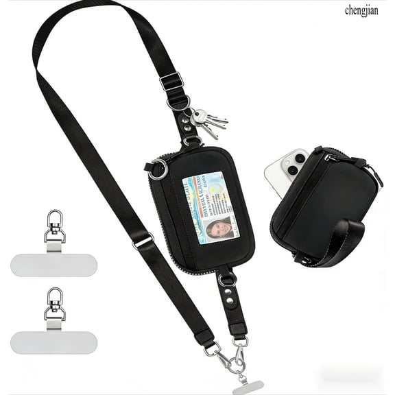 Clip and Go Strap for Phone with Wallet Crossbody Phone Lanyard Adjustable and Detachable RFID Wristlet Wallet with ID Window and Zipper, Black