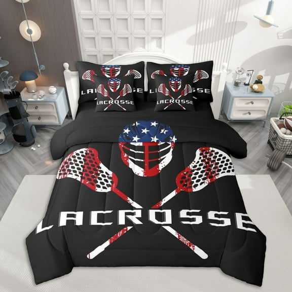 Homewish Lacrosse Bedding Comforter Set 7 Pieces, Kids Teens Sport Full Bedding Set, American Flag Fitted Sheet Flat Sheet, Super Cozy Room Decor
