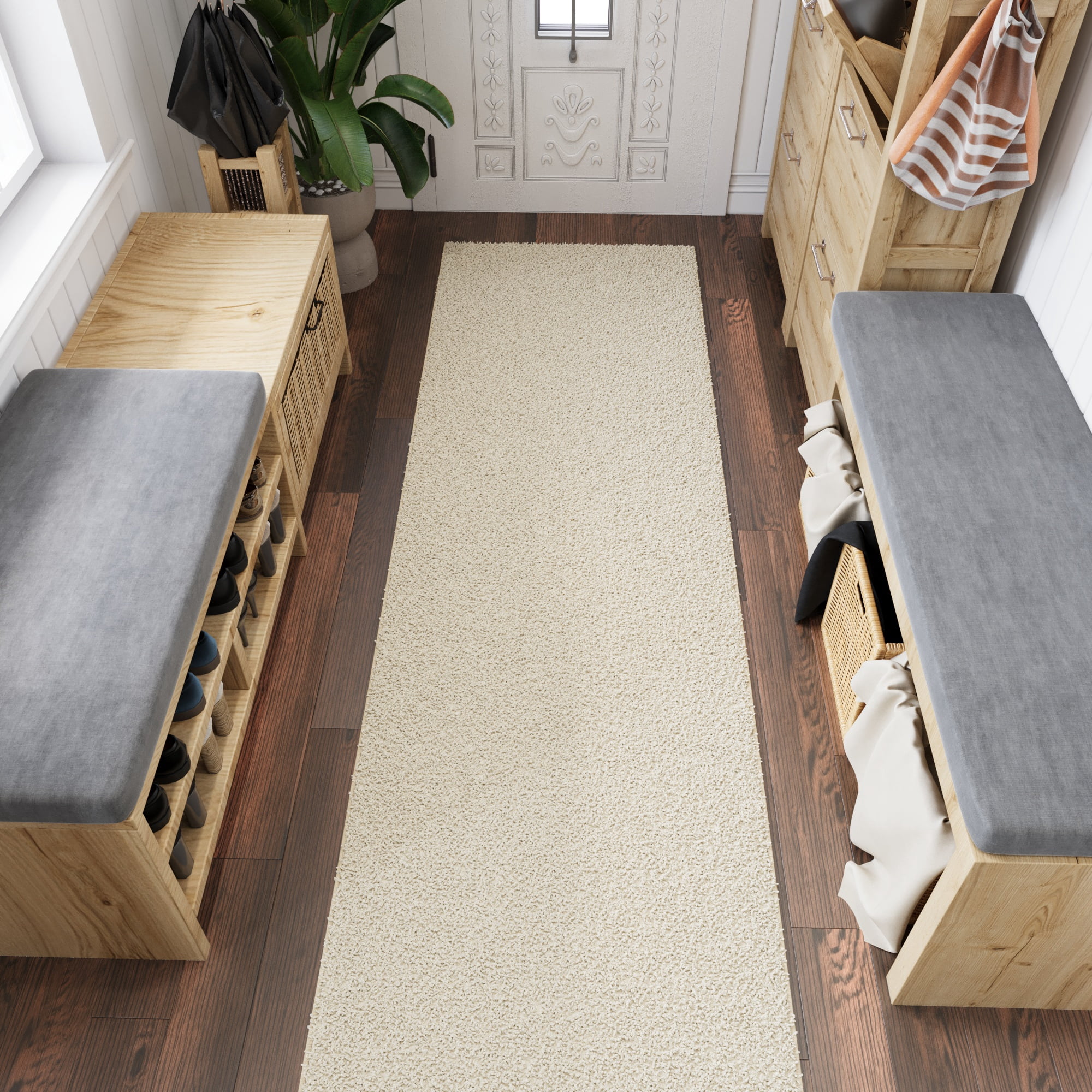 Ottomanson 3x6 Non-Slip Shag Runner Rug Plush Carpet for Bedrooms & Hallways, 3' x 6', Cream