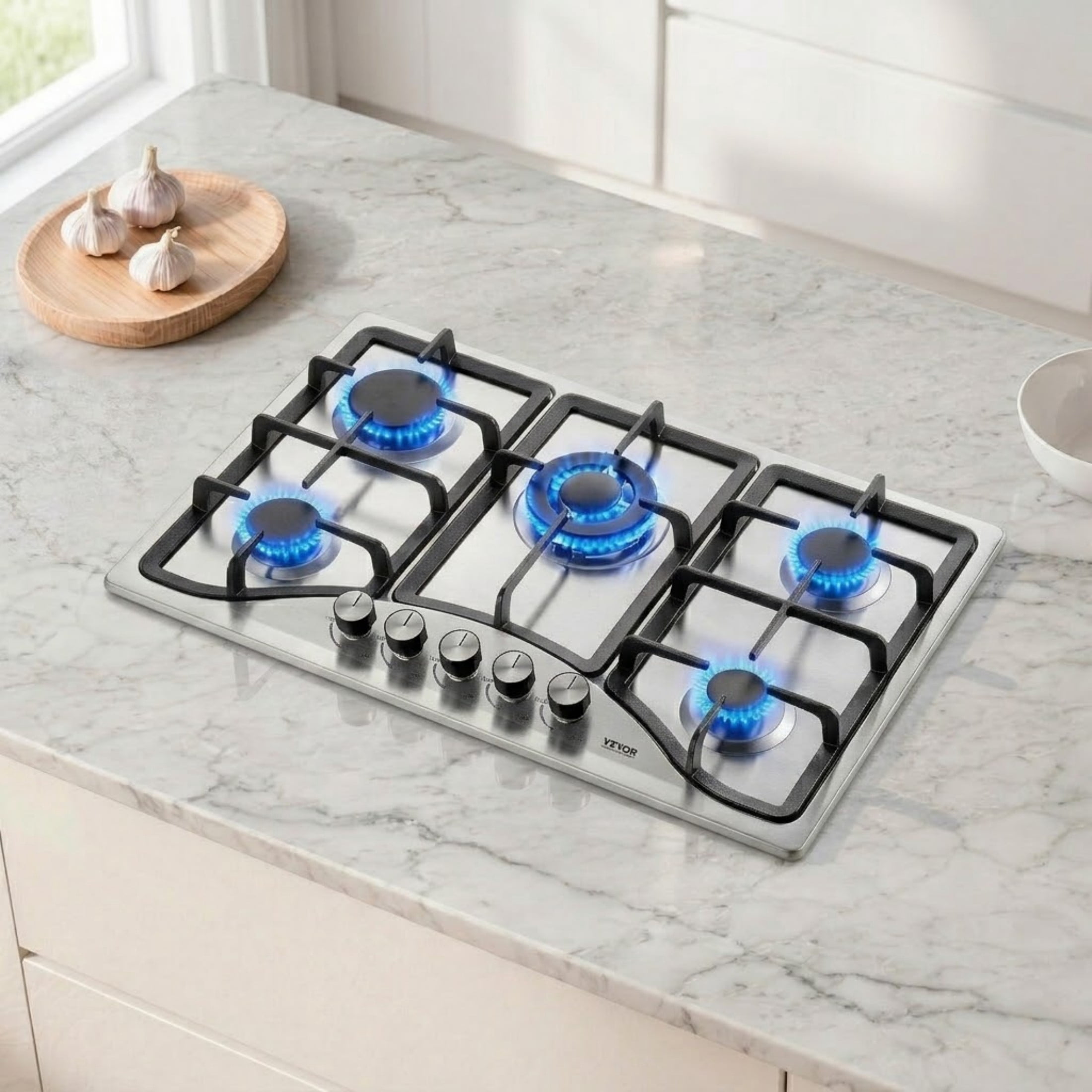30-inch Gas Cooktop, 5 Burners Stainless Steel Built-in Gas Stove Top, 12250BTU NG/LPG Convertible