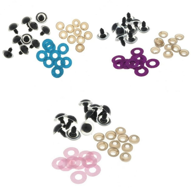 Ojos de seguridad con arandelas. Accesorios para ojos de seguridad brillantes. Morado, azul y rosa. Púrpura Azul Rosa