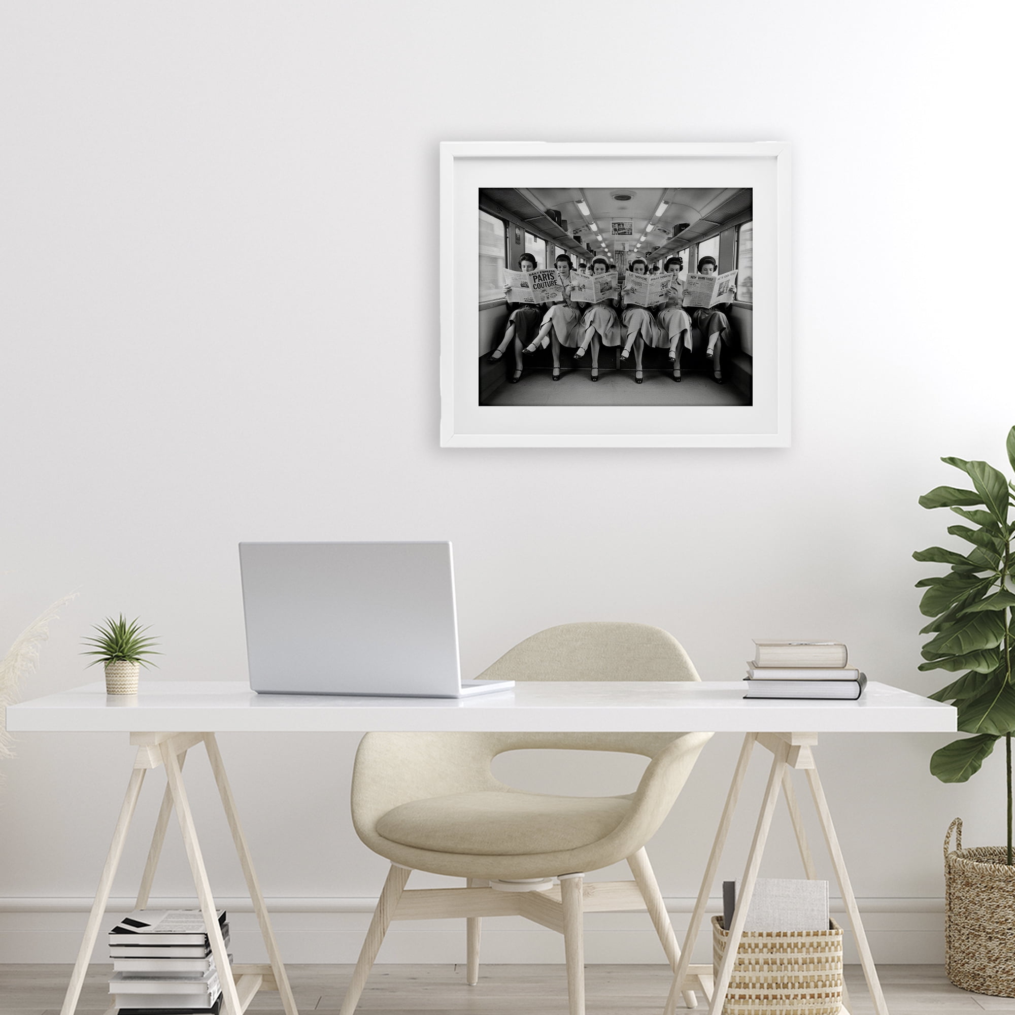 Stupell Industries Newsprint Ladies on Train White Framed Print Under Glass, design by A Barefoot Stylist