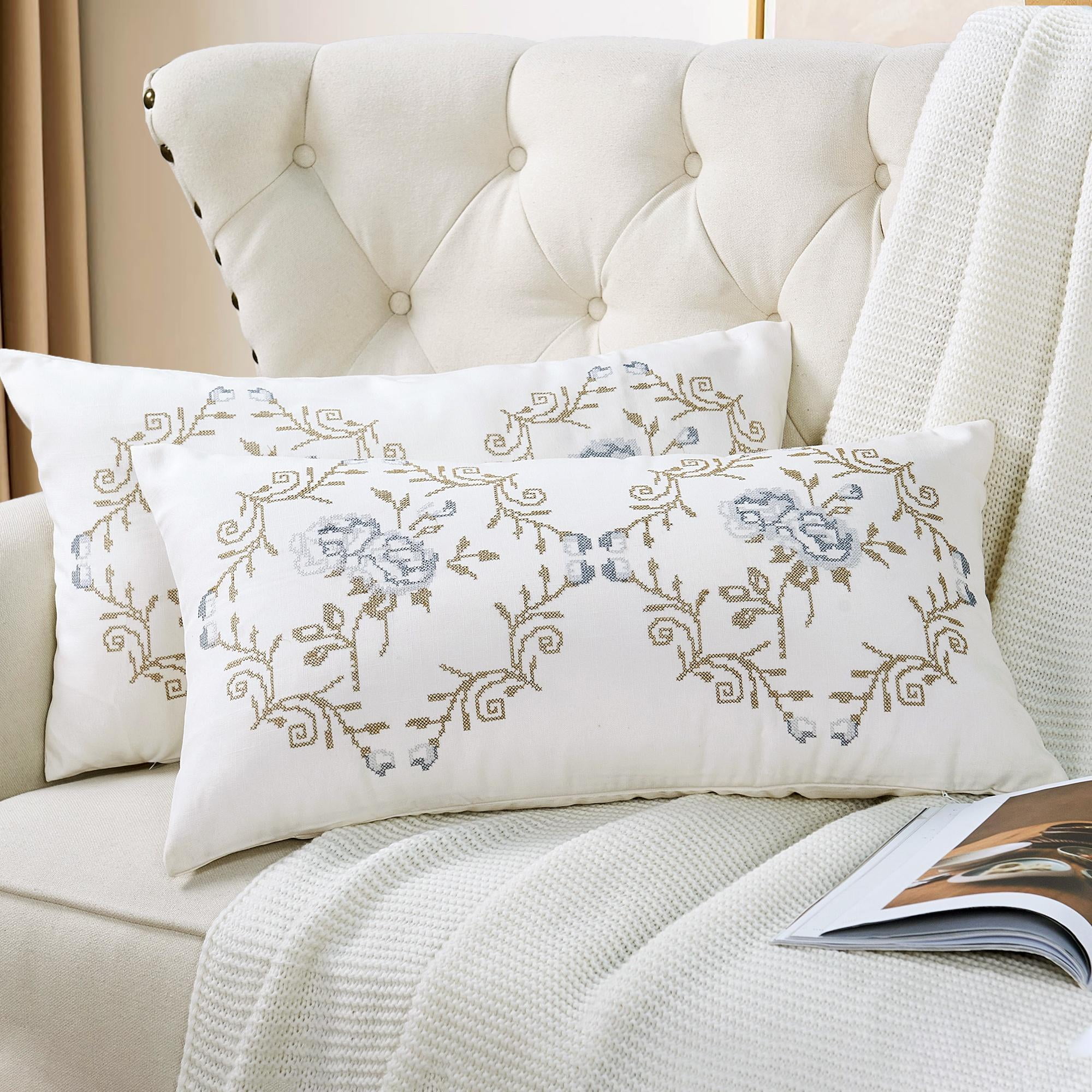 Home Soft Things Embroidery Canvas Throw Pillow Cover Pillow Case 2 Piece Set - Rose - Grey Blue - 14" x 26" LUMBAR