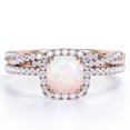 thumbnail image 1 of JeenMata Juego de Anillos de Boda con Halo Ópalo Arcoíris de Talla Cojín de 1,5 Quilates y Moissanita: Juego de Anillos de Boda con Infinito Trenzado Pavé: Baño de Oro Rosa de 18 K sobre Plata, 1 of 6