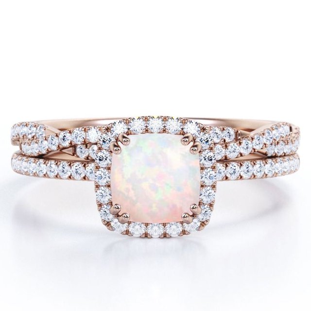 JeenMata Juego de Anillos de Boda con Halo Ópalo Arcoíris de Talla Cojín de 1,5 Quilates y Moissanita: Juego de Anillos de Boda con Infinito Trenzado Pavé: Baño de Oro Rosa de 18 K sobre Plata