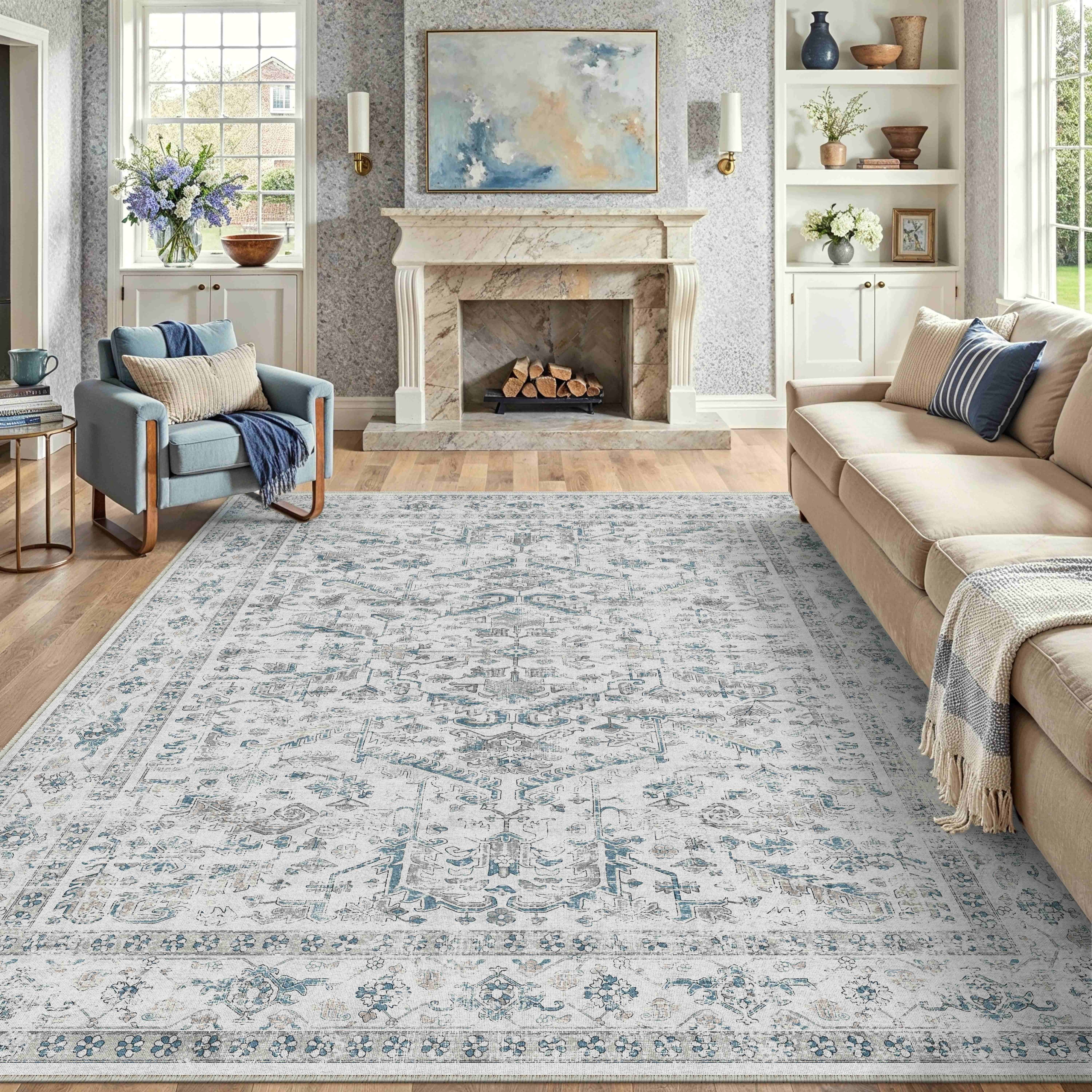 BERTHMEER 5'x7' Area Rug for Living Room Machine Washable Bedroom Rugs Distressed Vintage Oriental Traditional Print Blue Rug for Dining Room Farmhouse Nonsilp Carpet, Blue