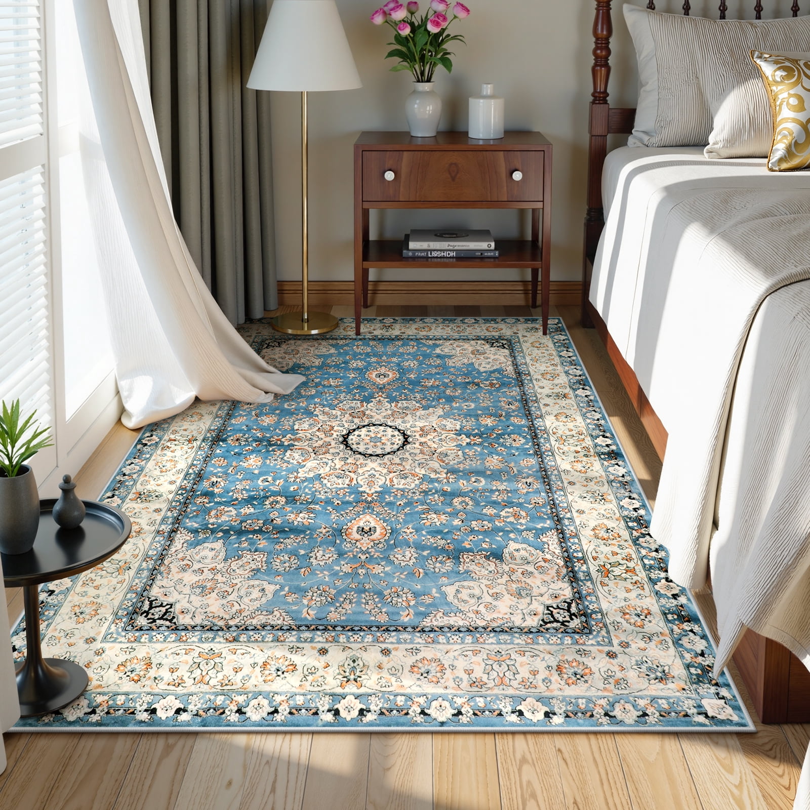 Lahome Decor 4'x6' Oriental Floral Medallion Area Rug for Living Room,Non Slip Machine Washable Vintage Indoor Rug,Vintage Printed Rug,Low Pile Lightweight for Bedroom Office