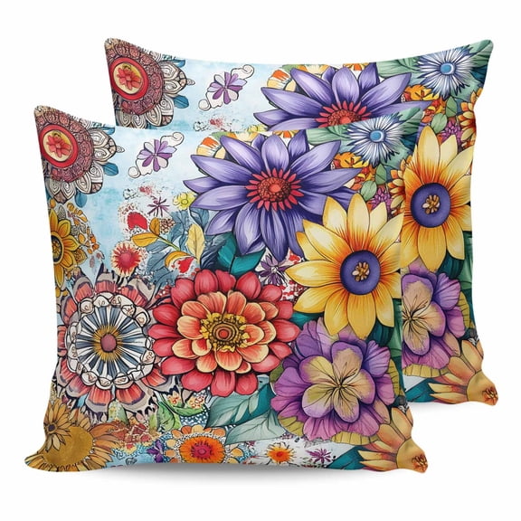 Outdoor Waterproof Throw Pillow Covers Set of 2 Boho Floral Decorative Pillowcases Square Outdoor Pillows Cushion Case 18x18 Inch Colorful Bohemia Flowers Patio Pillows for Couch Sofa Bed Garden
