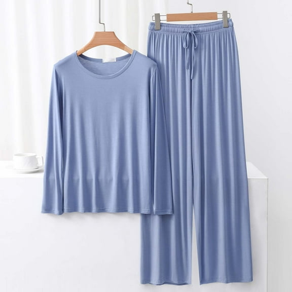 Fnooota Womens Pajama Sets Long Sleeve, 2 Piece Crewneck Casual Soft Sleepwear Sets Light Blue Size L