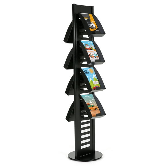 M&T Displays Heavy Duty Literature Rack with 8 pcs. Steel Shelf and Rotating Base Magazine Holder Brochure Display Stand Catalog Leaflet for Fair Conference (Black 8.5x11 A4)