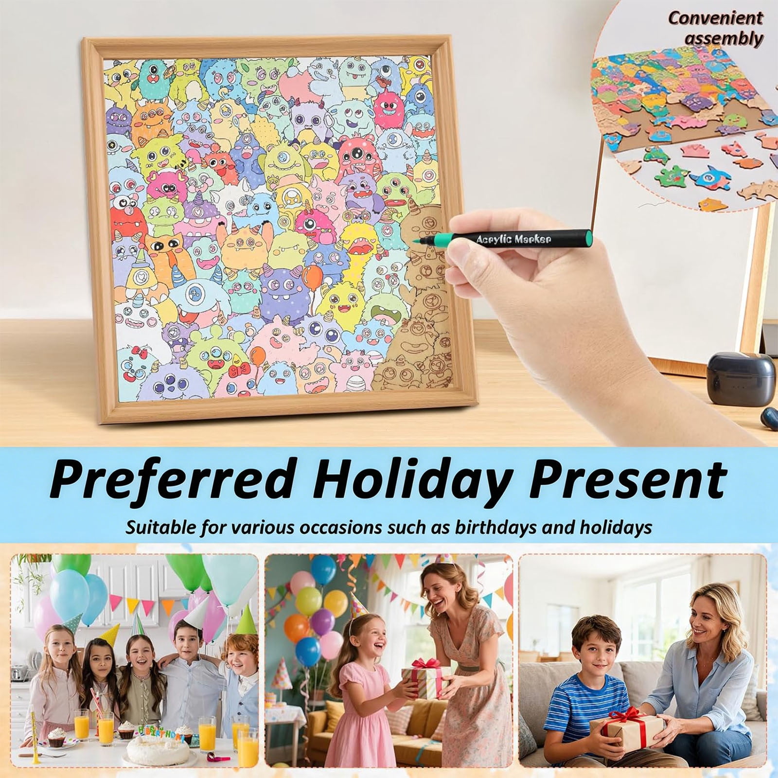 Diy Wooden Coloring Puzzle Kit Creative Assembly Art Set, Hand Paint Puzzle Frame Craft Activity, Wooden Drawing Board With Color Pens Glue Kit, Educational Puzzle Art Home Decor Gift Idea