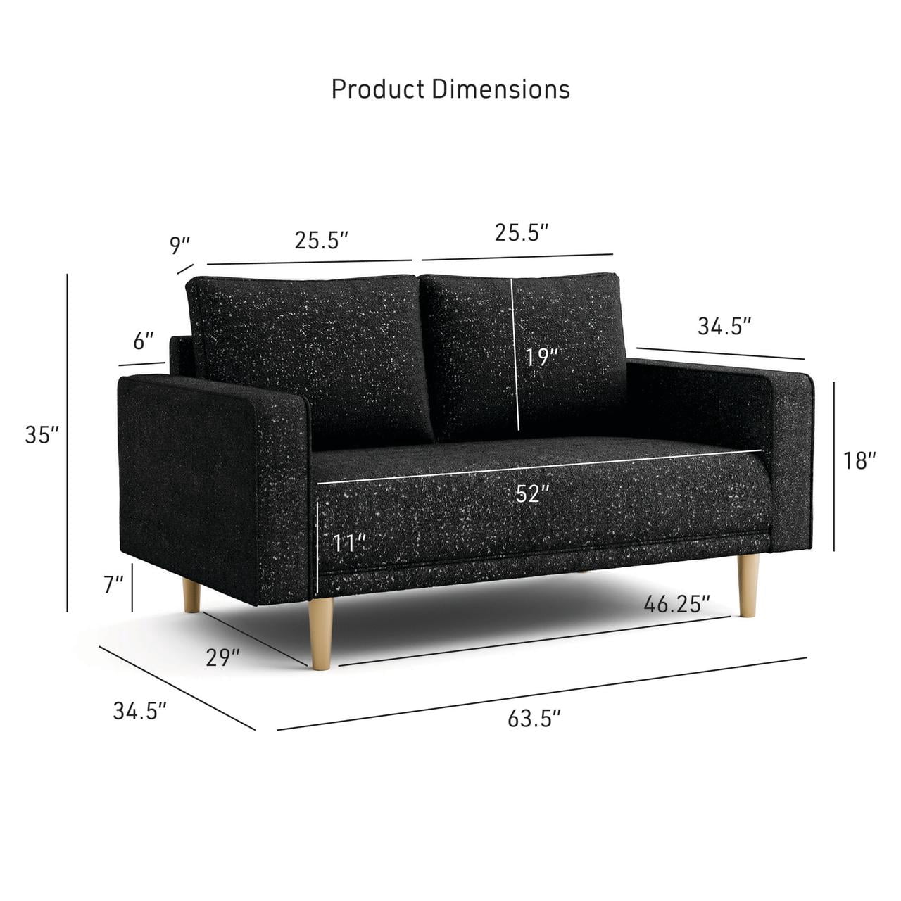 Furniture of America Doux Black MCM Custom Boucle Upholstered Fabric Welt Trim Living Room Loveseat Sofa Couch