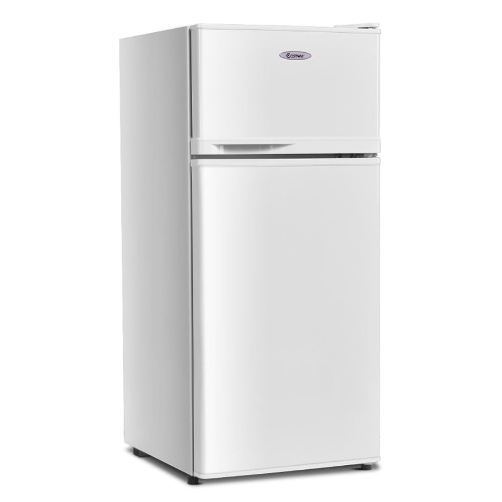 Kadyn 3.4 Cu ft Refrigerator with Adjustable Thermostat, 2 Doors Cold-rolled Sheet Compact Refrigerator with Freezer, Stainless Steel, Glass, White