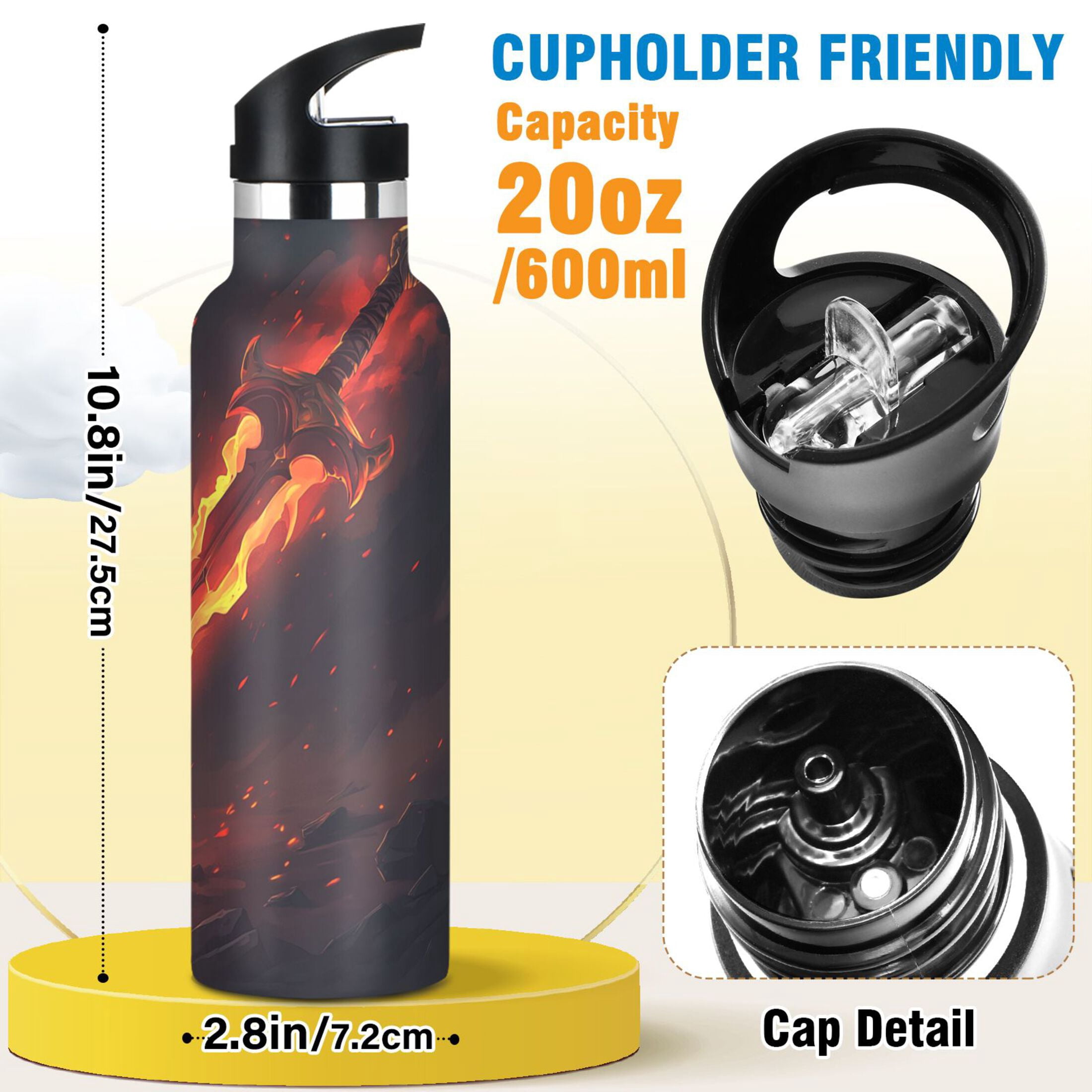 Kids Insulated Stainless Steel Sports Water Bottle 600ml (20oz) Flaming Sword