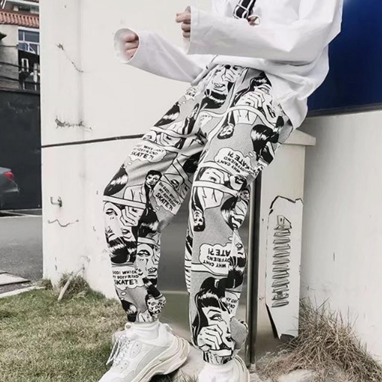 VSSSJ Men's Hip Hop Sport Pants Big and Tall Fashion Print Reflect Lace-Up  Elastic Waist Baggy Long Pants Casual Street Style Night Workout Pants  White S 