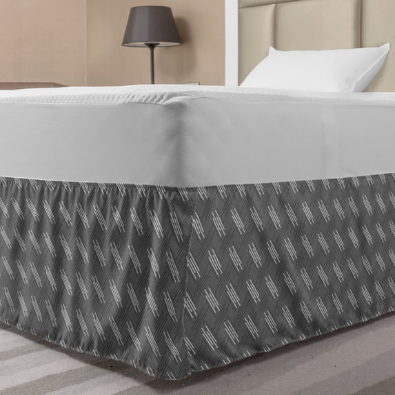 Geometric Bed Skirt, Repeated Pattern of Diagonal Uneven Abstract Stripes in Greyscale Art Print, Elastic Bedskirt Dust Ruffle Wrap Around for Bedding Decor, 4 Sizes, Grey Off White, by Ambesonne