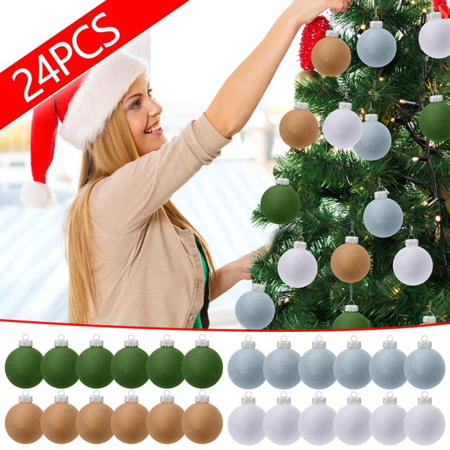 Adornos navideños, 24 bolas navideñas de terciopelo, adornos navideños flocados, bolas de plástico, adornos colgantes decorativos, adornos navideños, 24 bolas decorativas.