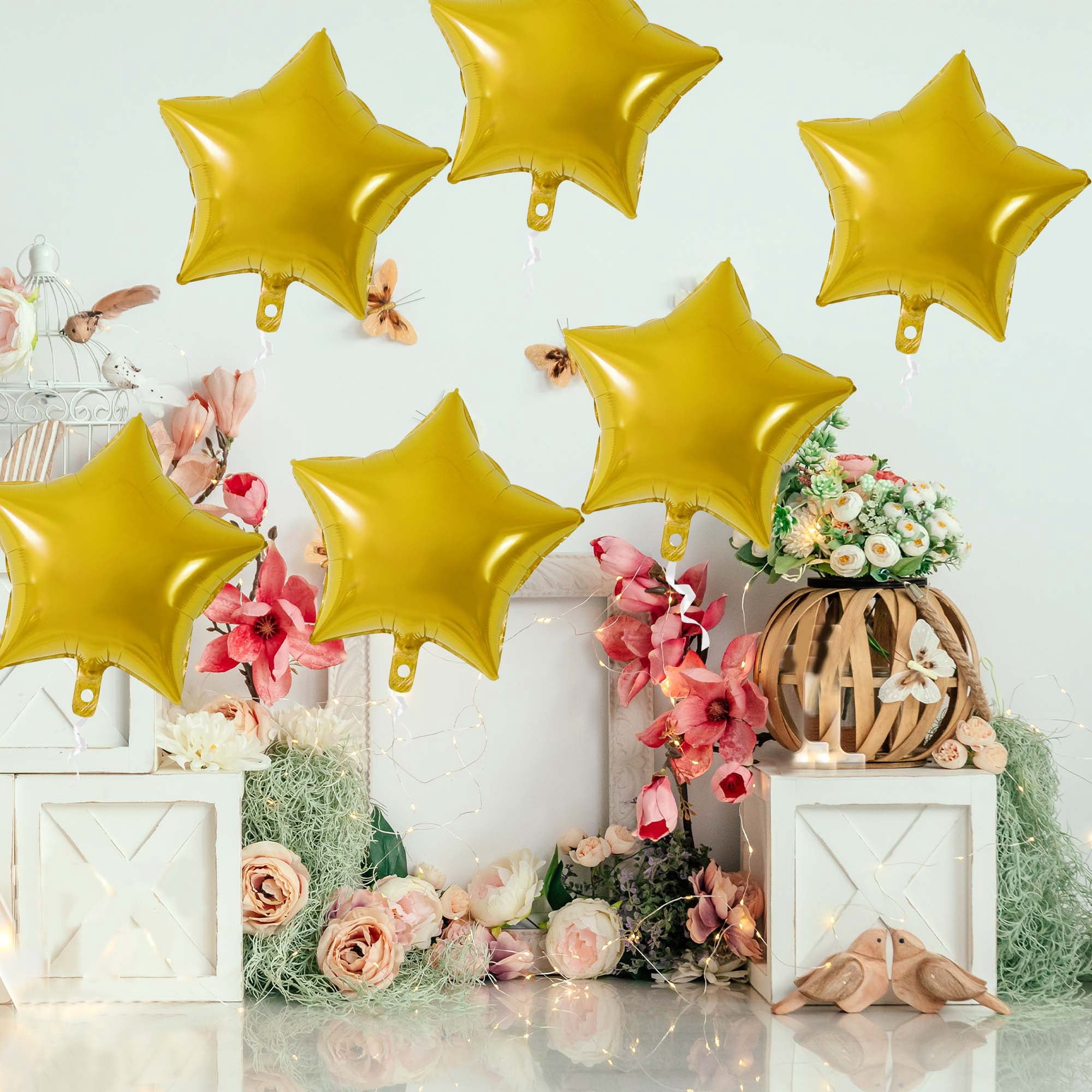 Unique Bargains 10Pcs Helium Balloons with Ribbon Star Pattern Gold Tone