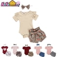 thumbnail image 2 of Conjunto de ropa para niña recién nacida, Pelele de manga corta de verano de Color sólido, pantalones cortos de flores, diadema, traje de 3 uds, ropa infantil para recién nacido Tan Jianjun unisex, 2 of 2