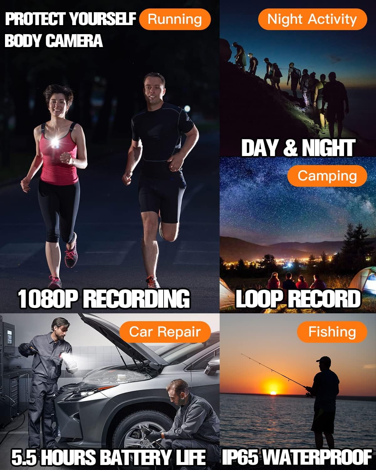 Body Camera with Audio & Video Recording - 1080P Mini Small Portable Sport 64G Cam Recorder - Flashlight Headlamp Waterproof Cam- for Child Pet Home Outdoor Fishing Camping (With Magnetic Lanyard)