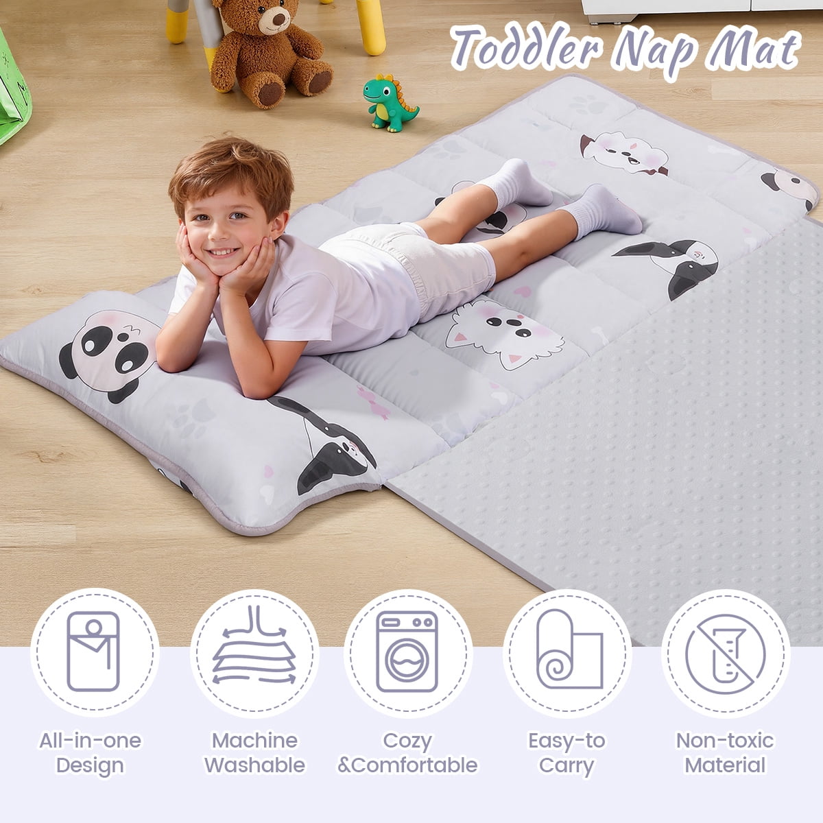 Toddler Nap Mat,  Caveen Sleeping Bag with Blanket and Removable Pillow, Portable Slumber Bags for Daycare and Travel, Easy to Roll, 55"x22", Grey