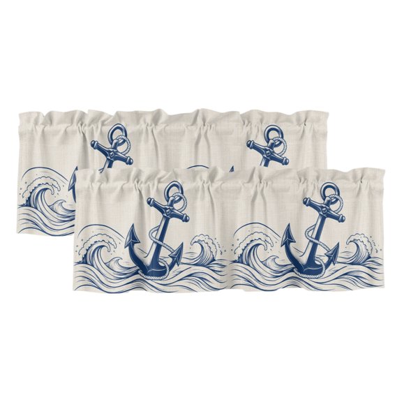 Vintage Nautical Valances for Window 2 Pack, Navy Blue Anchor Rope Ocean Wave Coastal Linen Window Valance Curtains for Kitchen, Rod Pocket Short Curtains for Bathroom Bedroom Decor, 54" x 18"