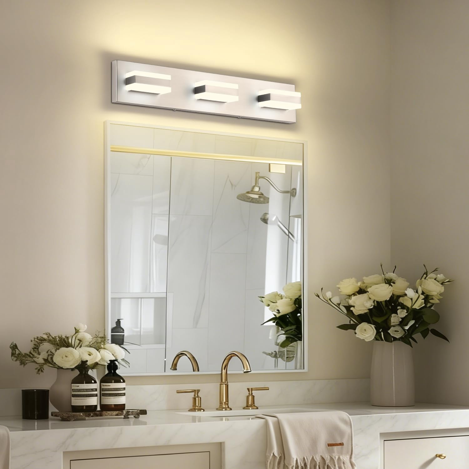 Vanity Lighting Over Mirror  3 Lights Brushed Nickel Bathroom Light Modern Led Fixtures 5 Color Temperature Adjustable For