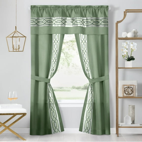 Montauk Accents Malibu 5 Piece Rod Pocket All In One Attached Semi Sheer Window Curtain Panels & Valance Set - 63 in. Long, Green