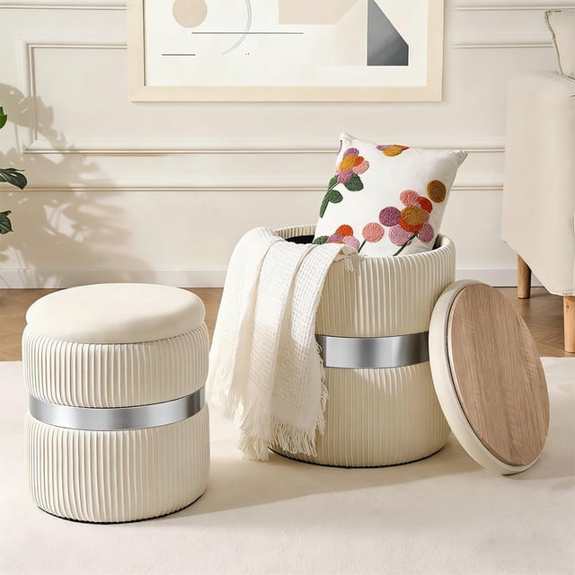 Tabouret Rond avec Rangement en Velours pour Salon, Poufs de Rangement, Repose-Pieds Multifonction