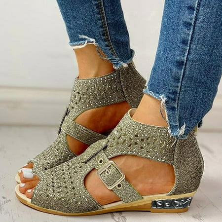

Sandals Women Women S Ladies Vintage Crystal Outdoor Hollow Out Zip Up Sandals Shoes Womens Sandals Pu Gold 41