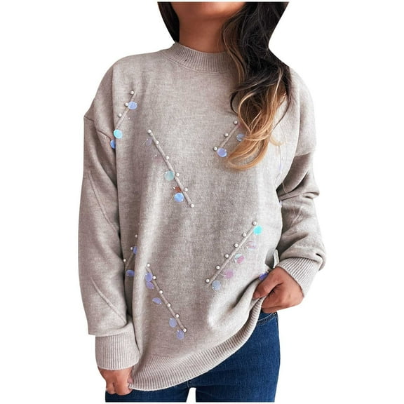 Fall Sweaters For Women Sevevn Women's Long Sleeve Round Neck Sequin Solid Color Casual Knitted Sweater