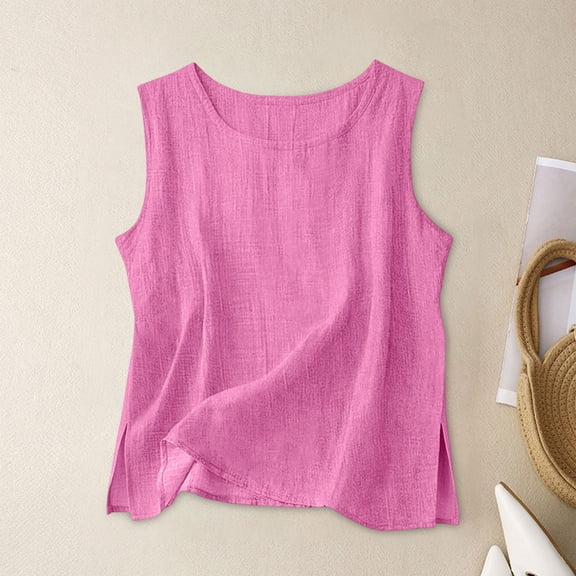 Babysbule Women's Sleeveless Linen Look Round Neck Tank Top, Casual Solid Color Side Split Blouse for Summer Daily Wear