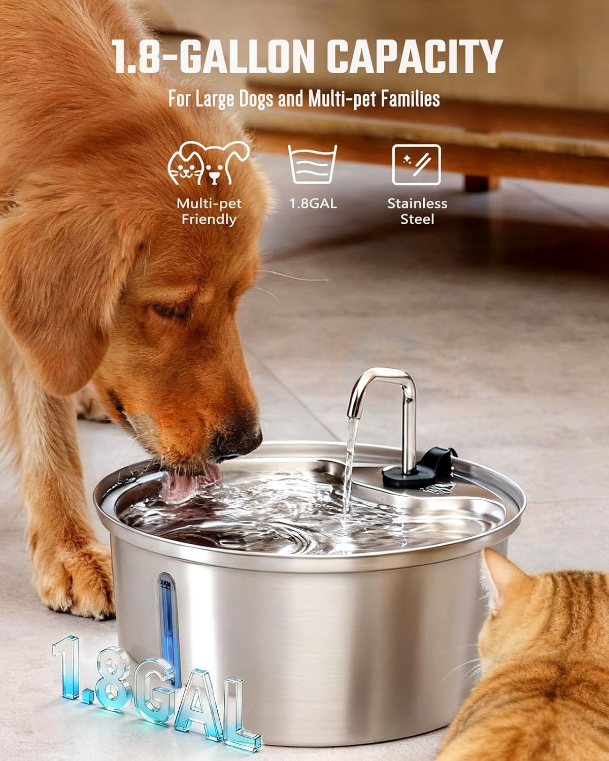 Large Stainless Steel Pet Water Fountain, 7L Capacity with Multi-Filtration System, Quiet LED Water Window for Cats and Dogs