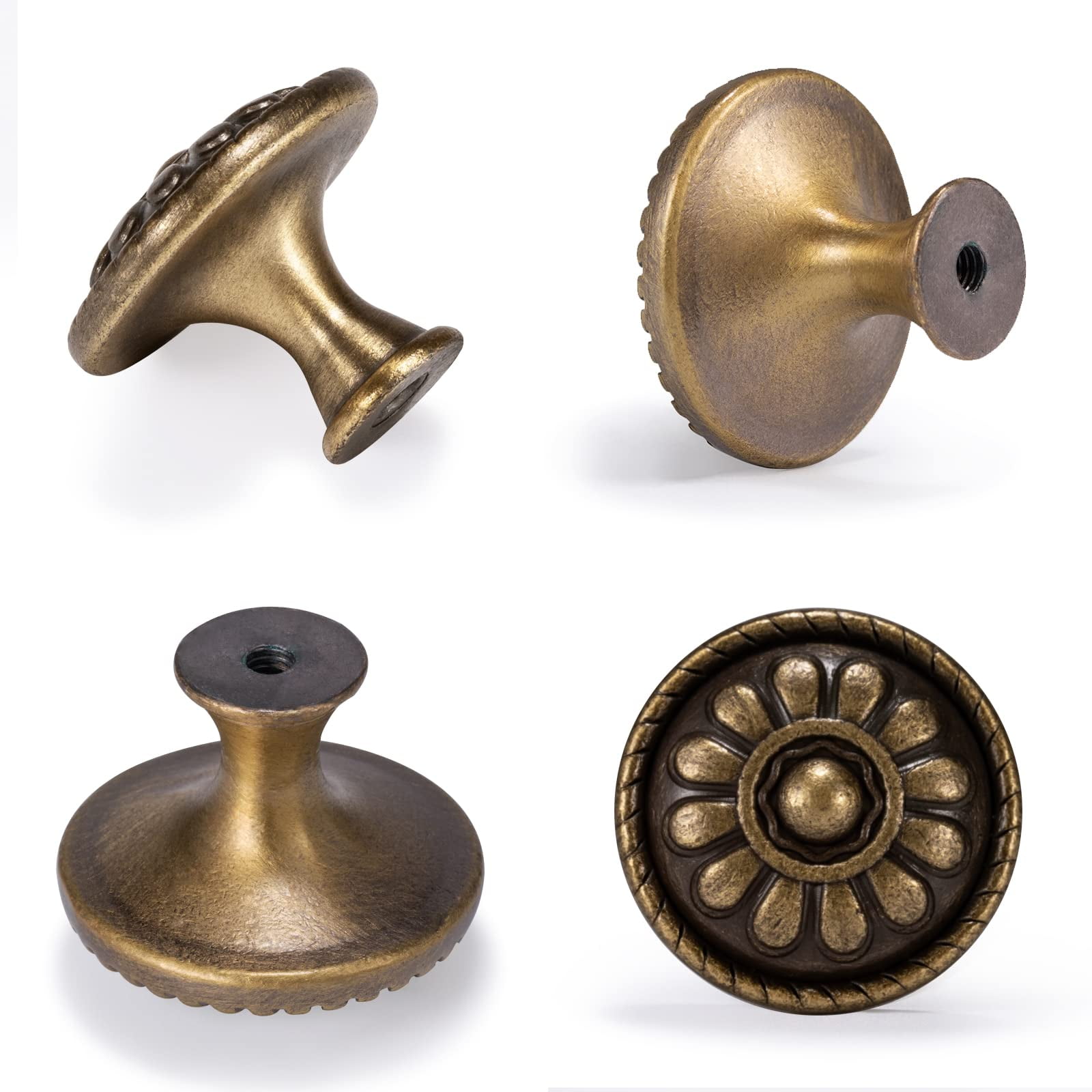 10 Pack Antique Brass Cabinet Knobs, Vintage Retro Drawer Knobs, Solid Round Dresser Knobs for Nightstands Single Hole Cabinet Hardware, Diameter 1.18in