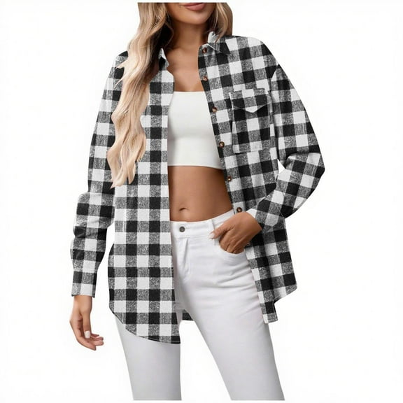 Sakmal Button Down Tops for Women Black Fall Shirts Collared Long Sleeve Plaid Shirts with Pockets