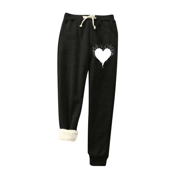 Virmaxy Warm Winter Fleece Pants for Women Valentine's Day Love Printed Thick Fleece Joggers Pants Winter Lounge Yoga Workout Running Pants with Pocket Gift for Girlfriend Black-C L