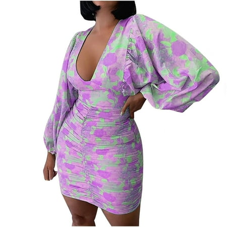 

Inkach Womens V-Neck Print Casual Fashion Buttocks Long Sleeve Dress