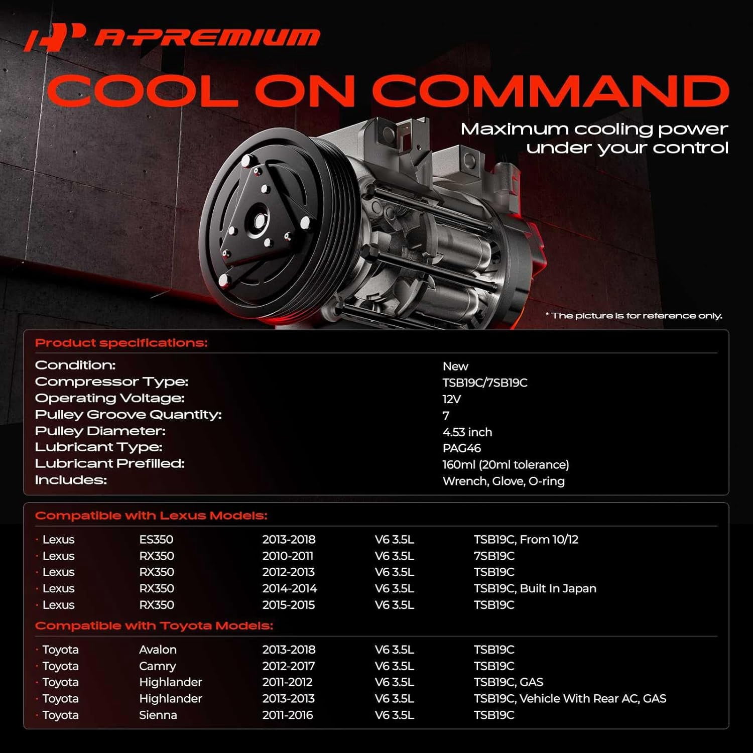 A-Premium AC Compressor with Clutch Compatible with Toyota Camry 2012-2017 Highlander 2011-2013 Sienna 2011-2016 Avalon Lexus ES350 RX350 V6 3.5L