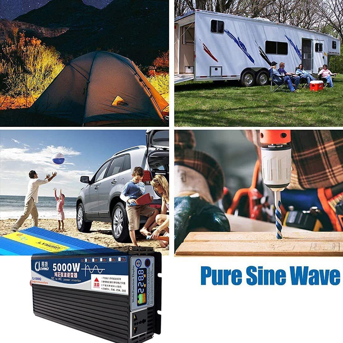 5000W Power Inverter, DC 12V To AC 110V Pure Sine Wave Converter for Computers, Igniters, Cameras, Refrigerators, Electric Drills
