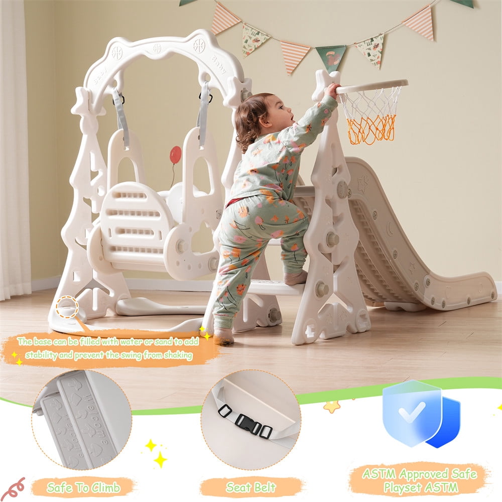 Ecarpat Slide and Swing Set 3 in 1 with Basketball Hoops for Toddler Kids, Indoor & Outdoor, Grey