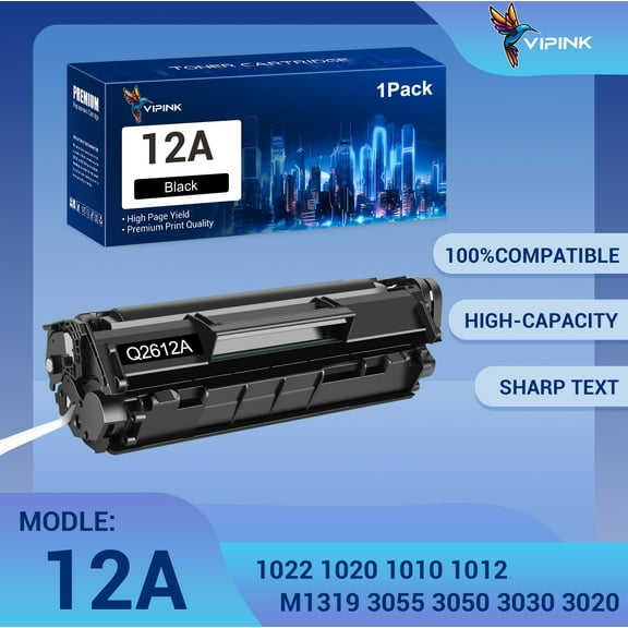 VIPInk 12A Toner Cartridge Black Compatible for HP 12A Q2612A Laserjet 1020 1022 1012 1010 1015 1018 1022n 1022NW 3015 3030 3020 3050 3052 3055 M1005 M1319 M1319F Printer Ink Q2612D Pack-1 Black