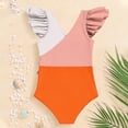 thumbnail image 5 of YTCAMLO Little Girls One Piece Swimsuits Summer Fashion Color Block Patchwork V Neck Ruffle Sleeve Bathing Suits Quick Dry Beach Swimwear, Orange 13-14 Years, 5 of 8